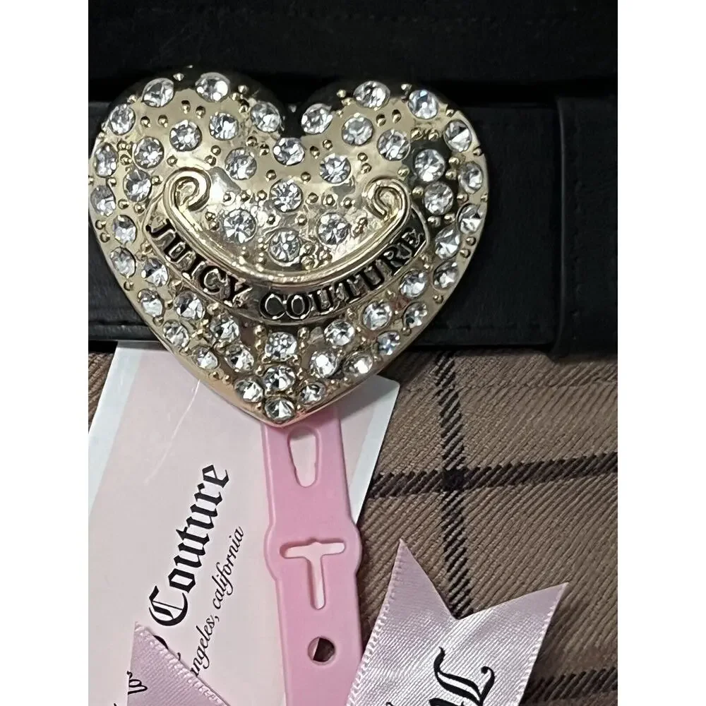 Juicy Couture Black Belt Gold Heart Buckle L/XL NWT Bling Y2K Style Rhinestones
